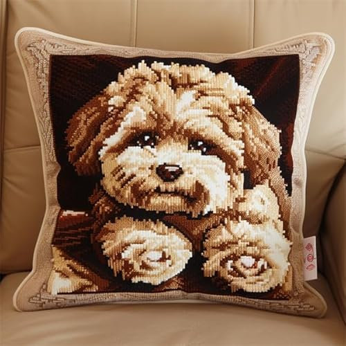 kitphoenix Knüpfen Kissen Set Erwachsene Hund Knüpfkissen Set für Anfänger Erwachsene oder Kinder zum Selber Knüpfen, DIY Knüpfteppich Knüpfpackung, Knüpfhaken Set 43 x 43 cm