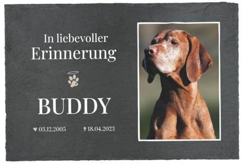 Geschenkfreude Schiefertafel mit Bild - Gedenktafel Hund & Katze 30x20 cm personalisiert - Grabstein Hund Bedruckt - Hundegrab Deko - Grabstein für Tiere - Grabschmuck - Erinnerung an Haustier