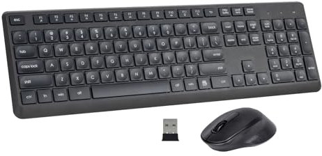 HUO JI Kabellose Tastatur- und Maus-Kombination für Windows Mac,US-Layout（QWERTY）, 2,4 G ergonomische Computertastatur in voller Größe, lange Akkulaufzeit – 12 Monate, leise Tasten und Klicks, Schwarz