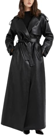 Cappotto da donna in pelle PU marrone extra lungo per primavera e autunno con fiocchi, Nero , S