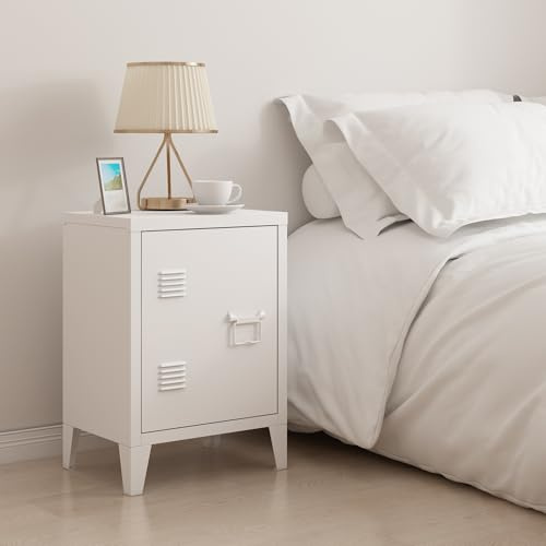 [en.casa] Mesa de Noche Inari con Cerradura Magnética Tirador Derecho Mesa Auxiliar con 2 Compartimientos para Salón Oficina Baño Ventilación Óptima 57 x 40 x 30 cm Acero - Blanco