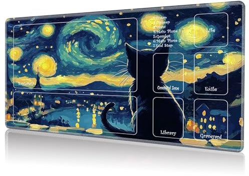 DHYYDSQZ Playmat for MTG, Game Play Mat for MTG TCG 24 x 14 inches Trading Card Game Playmats with Zones Non-Slip Rubber Base and Stitched Mousepad Desk Mats, Starry Night Black Cat