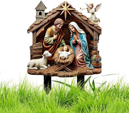 Gartenstecker zur Geburt Jesu, Gartenstecker zur Geburt Jesu - 2D Jesus Acryl-Krippendekoration - Terrassenlandschaft, Gartenschild „Heilige Krippe“ im Freien, Bauernhoftier-Garteneinsätze für Topfpfl