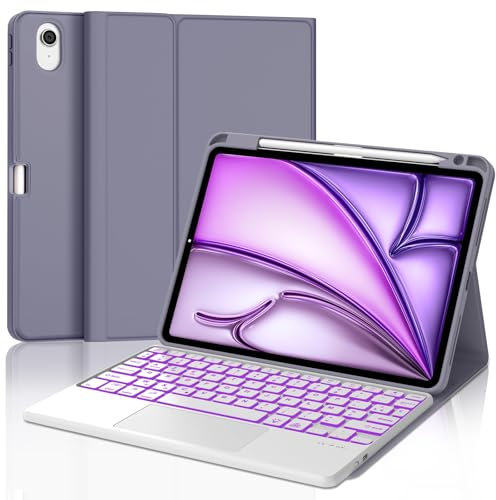 Clavier iPad Air 11 Pouces M3/M2 (2025/2024) avec Pavé Tactile, Coque Keyboard Trackpad AZERTY Français rétroéclairé 7 Couleurs, Étui Clavier Détachable sans Fil Bluetooth, Lavande Pourpre
