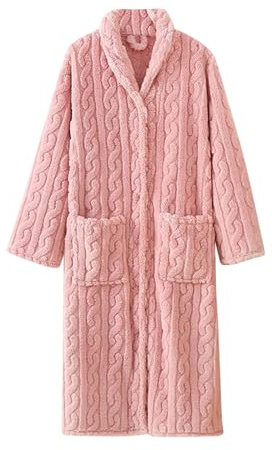 Bata larga de felpa para mujer, bata de baño de forro polar grueso jacquard con botones y bolsillos, acogedora y suave, para invierno, otoño, descanso, spa, cómoda ropa para el hogar, rosa, M