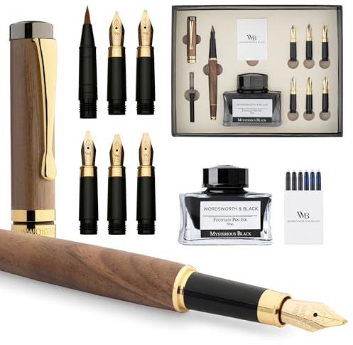 Wordsworth & Black Calligraphy Pen Gift Set, Includes Ink Bottle, 6 Ink Cartridges, Ink Refill Converter, 6 Replacement Nibs, Luxury Bamboo, Journaling, Smooth Writing Pens [Brown Wood]