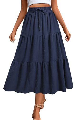 Adigaber Women's Long Skirts Elasticated High Waist Flowy Maxi Skirt Swiss Dot Casual Boho Skirts with Pockets and Drawstring Navy Blue