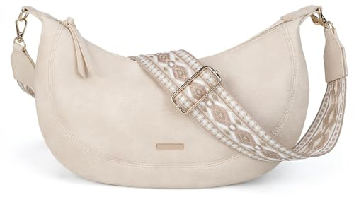 Gladdon Damen Crossbody Tasche mit Boho Gurt - Kunstleder Schultertasche Handtasche Kleine Halbmond Hobo Tasche für Täglich Reisen, beige, Small