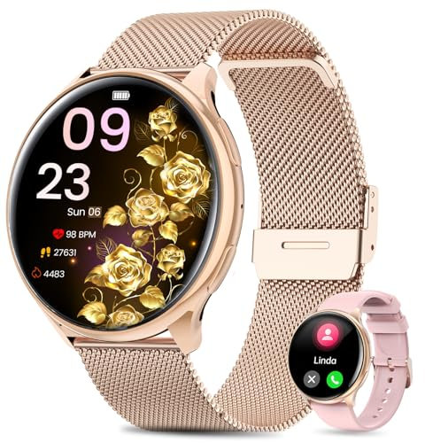 QEYUMYEU 2025 Montre Connectée Femme, 1.39 TFT Smartwatch avec Appel Bluetooth Moniteur de Sommeil SpO2 Cycle Menstruel 100+ Modes Sport IP68 Fitness Podomètre pour Android iOS (Or)