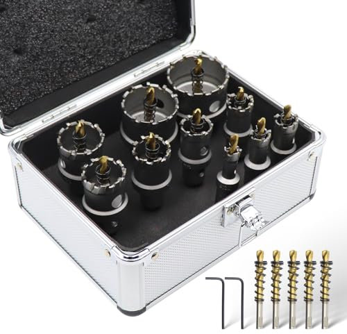 Hole Saw Kit – 17-Piece Carbide Hole Cutter Set with 10 Saws (13mm to 51mm), 5 Extra Pilot Bits & 2 Hex Wrenches – Hole Saw Set for Metal, Stainless Steel, Iron – Aluminum Case