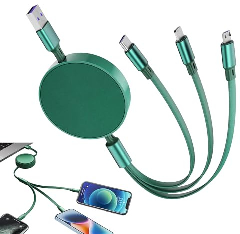 66W Multi Charger Cable Retractable Usb C Cable 3 in 1 Charging Cable 6A Retractable Phone Charger Cable with Micro USB Type C Phone Port for Samsung,Xiaomi,IPhone, MacBook, Pad, Green