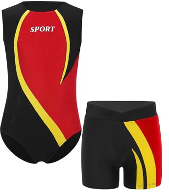 Linjinx Ringertrikot für Kinder Jungen Wrestling Youth Singlet Tanzkleidung Gymnastikanzug Ärmellos Trikotanzug Trikot mit Shorts Rot Gelb 134-140