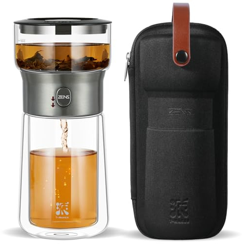 ZENS Tetera de cristal con Infusor, mágico con un solo toque drain tetera para té en,teapots con filtro con taza de doble pared y Negro estuche portátil para los amantes del té.