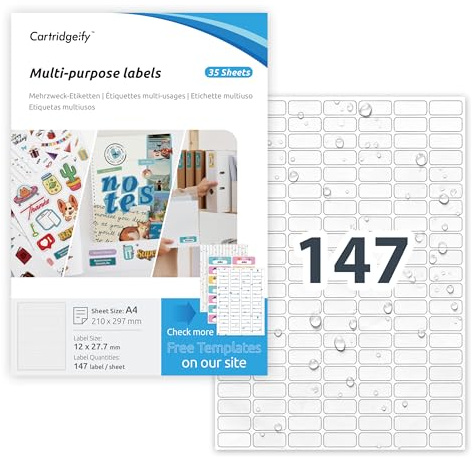 Cartridgeify 35 Blatt A4 Vinyl Etiketten Weiß, 5145 vorgestanzte selbstklebende Aufkleber 12 x 27,7 mm, wasserfestes Stickerpapier für Tintenstrahl- und Laserdrucker, für Küche, Büro, Adresse