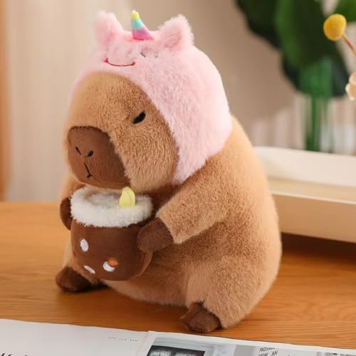 Xiyocadt Capybara Kuscheltier mit Haube, Plushie Capibara Plüschtier, Kapibara Plüschkissen Spielzeug, Weich Stofftier Kissen Geschenk für Mädchen Jungen Kinder (30CM,Einhorn)