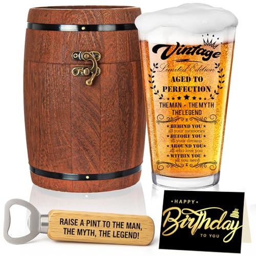 Joybble Geschenke für Männer, Personalisierte Bierglas mit Gravur, Witzige Bierglas in Fassbox 470ml, Deko Geburtstagsgeschenk mit Geburtstagskarte, Flaschenöffner, Lustige Geschenkideen