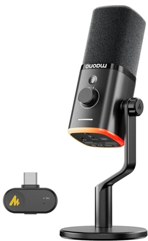 MAONO PD100W USB Wireless Microphone for PC, Gaming Streaming Dynamic Mic with One-Click Noise Reduction,Mute Button,Custom RGB, 3.5mm Headphone Jack, Desktop Podcasting Mic for Computer Phone, Black