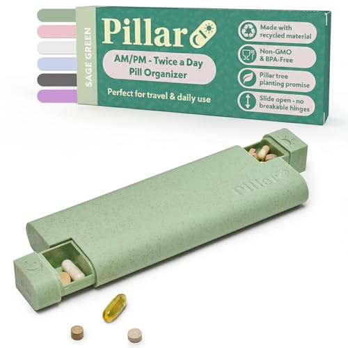 Pillar AM/PM Pill Organiser | Pill Box 7 Day 2 Times a Day | Easy to Open Premium Tablet Organiser Morning & Night - 14 Compartments | Travel Pill Box for Medicine, Supplements, Vitamins | Sage Green