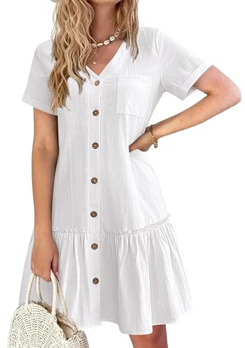 Hotouch sommarklänning dam button down linneklänning strandklänning casual v-ringad miniklänning kortärmad A-linje klänning volangkuvert klänningar