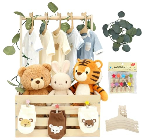 Simabsie Babyshower-Kiste aus Holz mit Kleiderbügeln, Mond und Sternen – Personalisierte Geschenkbox für werdende Eltern