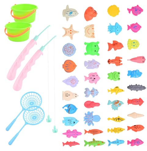 46 Piezas Juguete de Pesca Magnético para Niños, Juego de Pesca con 40 Peces 3D y 2 Cañas Retráctiles, Juguete de Baño y Aire Libre con Cubo y Redes, Regalo Educativo para Niños Pequeños
