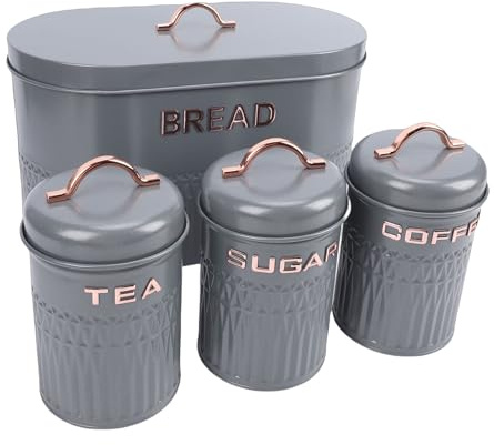 Jiawu Juego de Caja y Recipiente de Pan de Metal Contenedores de Almacenamiento Duraderos para Cocina Café Té Botes de Azúcar para Almacenamiento en la Encimera Ideal para Casas Rodantes y (GREY)