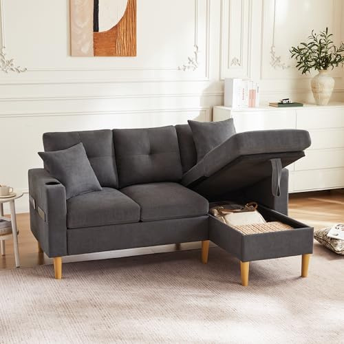 SCHGKOY Ecksofa L-Form Sofa mit 2 Kissen, Eckcouch mit Chaiselongue, Stauraum, integriertem Getränkehalter, Leinenoptik, Veränderbare Chaiselongue Couch Wohnlandschaft Dunkelgrau