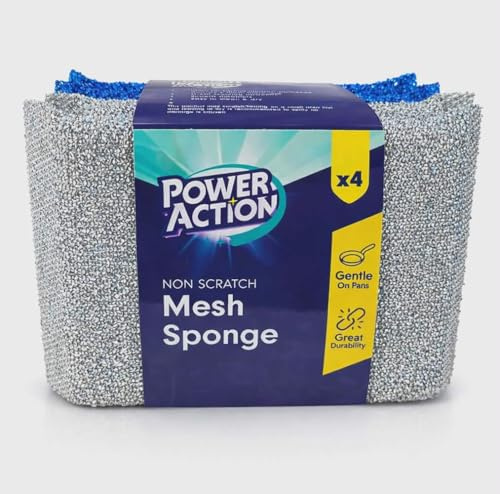 Power Action Mesh Sponge – Heavy Duty Scrubbing Sponge for Kitchen, Dishes & Cleaning, Durable Multi-Purpose Cleaning Pad Pack of 4