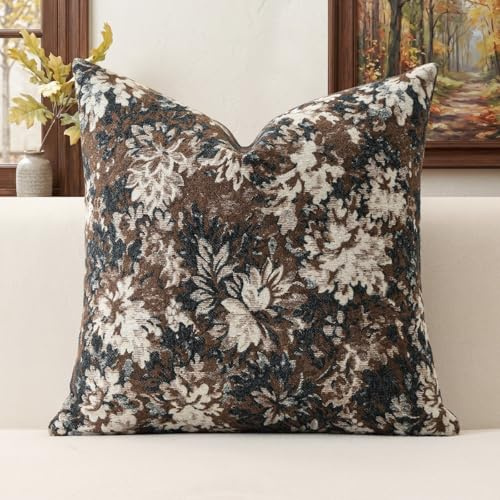 Artscope Uppsättning av 1 neutralt blommigt kuddöverdrag 50 x 50 cm, vintage chenille fyrkantigt kuddöverdrag mjuk dekorativ bondgård accent soffa kuddfodral för vardagsrum sovrum kaffe brun