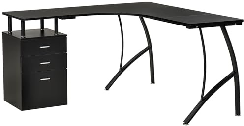 HOMCOM L-Shaped Computer Desk Table with Storage Drawer, Home Office Desk Corner Industrial Style Workstation for A4 Files 143.5 x 143.5 x 76cm, Black