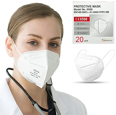 TubeRoo FFP2 Maske 20 Stück CE zertifiziert, geprüfte Atemschutzmaske 5-lagig, Schutz Masken, Mundschutz, Staubschutzmaske, deutscher Händler