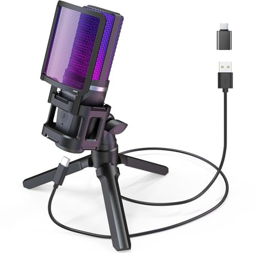 zealsound Gaming USB Mikrofon PC, für Streaming Podcast Studio, für PS4 PS5 Mac Handy, mit Typ-C Adapter, RGB-Steuerung, Stummschalttaste, Stativ, Popfilter & Shockmount, Kopfhöreranschluss
