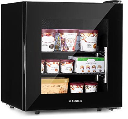 KLARSTEIN IceAge - Congélateur avec façade vitrée, thermostat à 5 niveaux, 0 à -18°C, pieds réglables en hauteur, boîtier en acier, CEE E, 2 clayettes, 36 litres