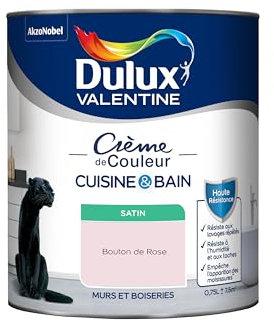 Dulux Valentine Peinture Intérieure Crème de Couleur Cuisine et Salle de Bain - Pièces Humides Murs et Boiseries - Résistant aux taches et à l'humidité - Satin Bouton de Rose 0,75 L