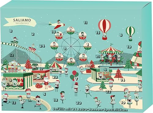 Saliamo | Bonbon Adventskalender 2025 | Süßigkeiten | 550 g | 24 verschiedene Bonbons | Fruchtbonbons | Wintersorten | Retro | Hergestellt in deutscher Manufaktur