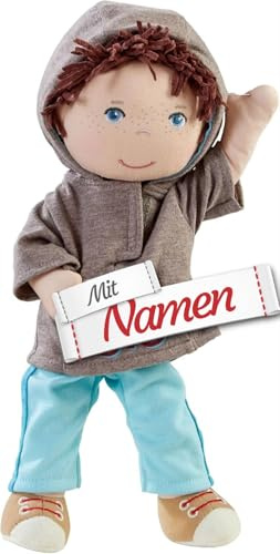 HABA Stoffpuppe mit Namen Bestickt, Erste Baby Puppe zum kuscheln, Weiche Mädchen Kuschelpuppe, Kinder Geschenk-Idee Babypuppe als Taufgeschenk (Junge)