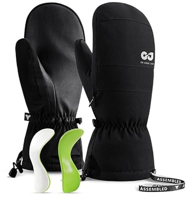 JJZS Sport Utility Snowboarding Mittens for Men Women Youth Waterproof Ski Snow Gloves for Cold Weather Ski Trip Hand Warmer Snowboard Gloves Removable Wrist Padding (Black, Medium)