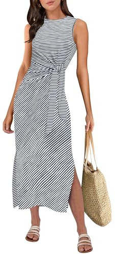 ANRABESS Womens Summer Casual Sleeveless T Shirt Midi Dress Slim Fit Tie Waist Split Tank Long Dresses 2026 Vacation Sundress