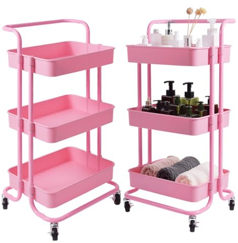 HOMASIS Aufbewahrungswagen 3 Ebenen auf Rollen, Rosa | Halterung 20 kg pro Korb, Universell, Mobiler Aufbewahrungs-Organizer, 2 Bremsen, Für Küche, Wohnzimmer, Badezimmer