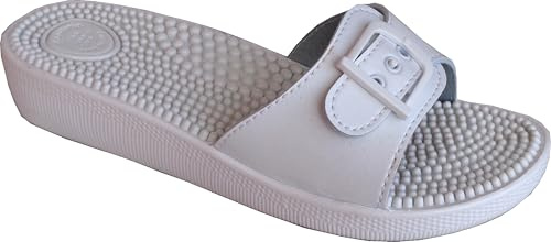 EKO FIT - Sandale de Maison Femme avec Semelle de Massage à Picots – Stimule la Circulation – Confort Optimal – Une Boucle Réglable – Antidérapante - BLANC 39