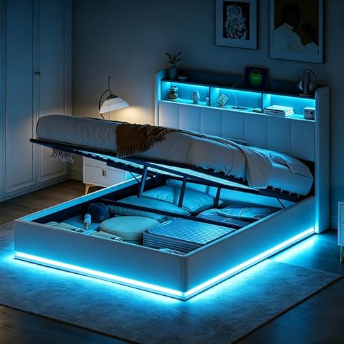 Polsterbett Doppelbett 140x200 cm, Hydraulisches Bett 140x200 mit Bettkasten und Lattenrost, Staufach-Kopfteil mit LED und USB-Anschlüssen, Stauraumbett Rückenlehne Bett aus Massivholz und Samt