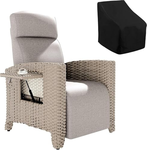 Fiutazge Chaise Longue Bain de Soleil en Rotin avec Dossier Réglable,Coussin Zippé,Fauteuil Relax Jardin pour Balcon Terrasse Veranda,Rotin Marron et Coussin Beige-Porte Gobelet Droite