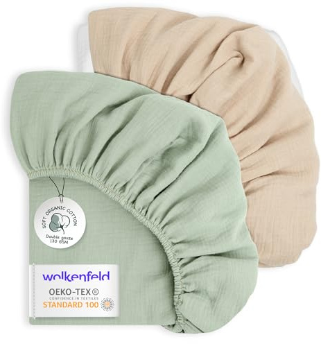 Wolkenfeld Spannbettlaken 70x140 Baby – 2er Set aus atmungsaktiver Musselin-Baumwolle – Weich & Sanft zur Haut – Passend für Matratzen bis 10 cm Beige + Minze
