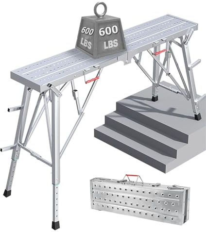 Plateforme de Travail Échafaudage D'escalier avec Pieds Réglables, Jusqu'à 600LB, Escabeau, Établi Échafaudage Pliant Portable pour Cloisons Sèches, Nettoyage, Lavage