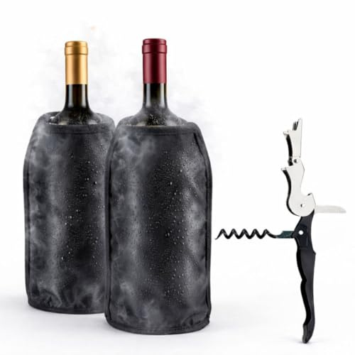 Pack 2 Enfriadores de Botellas de Vino + Sacacorchos Camarero | Funda Enfriadora con Gel Refrigerante Interior | Manga Enfriadora para Vino, Cava y Champagne | 15,5x22,5 cm (negro)