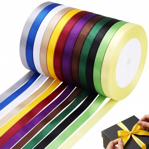 CleaZeny 12 Roll Multicolor Satin Ribbon Set, 10mm x 264m for Gift Crafts