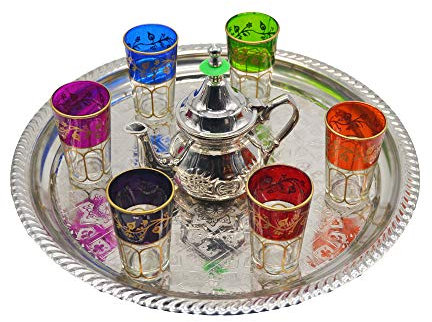 Juego de té moruno, árabe, Marruecos. 6 Vasos más Tetera para Dos Personas con una Bandeja de amartillada a Mano de 28 cm