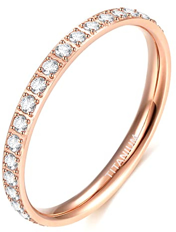 TIGRADE 2mm Women Titanium Eternity Ring Cubic Zirconia Anniversary Wedding Engagement Band Size 3-13.5, Rose Gold, Size 7