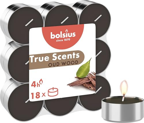 Bolsius True Scents – 18 Teelichter – Oud Wood – Brenndauer: 4 Stunden – Innendekoration – natürliche Extrakte – mit natürlichem veganem Wachs