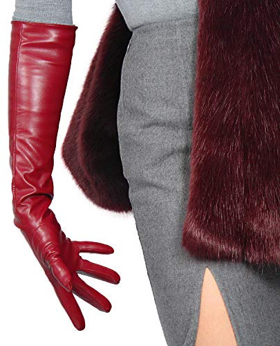 DooWay Women's Fashion Long Soft Leather Gloves Faux Leather PU Burgundy Fancy Evening Opera Gloves, Burgendy 50cm, Medium